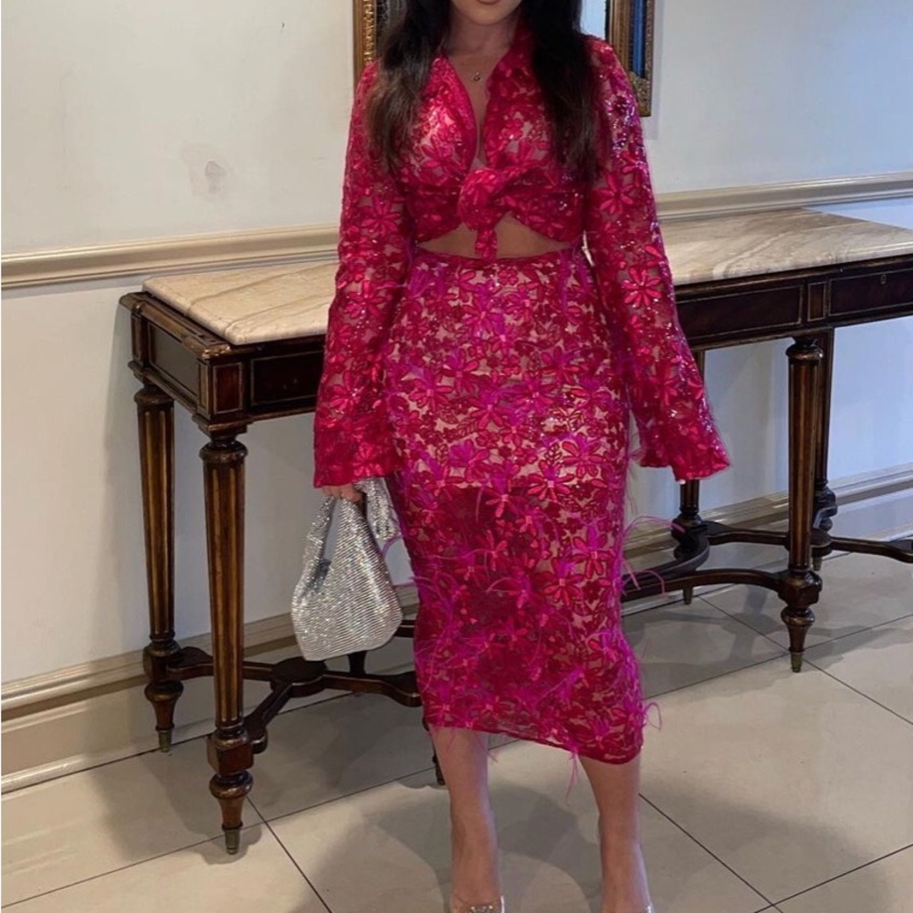 Two piece skirt set feathers flowers mesh